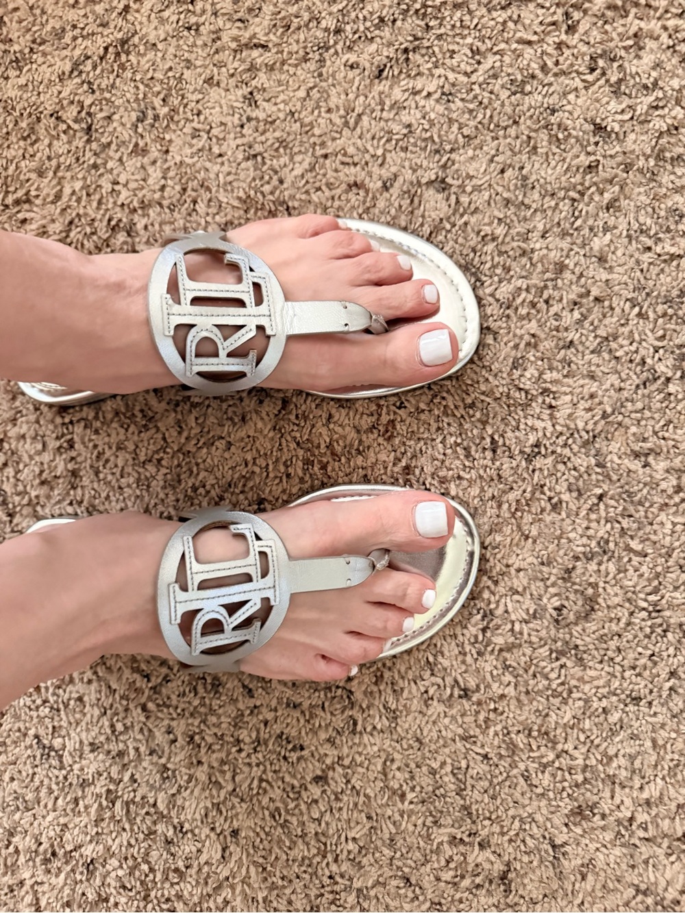 Lauren Ralph Lauren Metallic Silver Logo Toe-Post Sandals